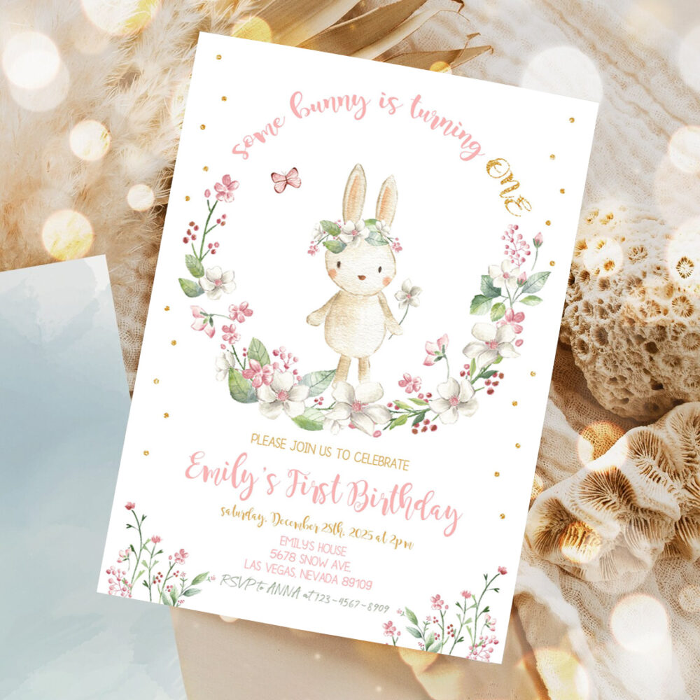 some bunny birthday invitation party invites girl first 1st little rabbit rainbow pink gold floral spring editable digital template 1