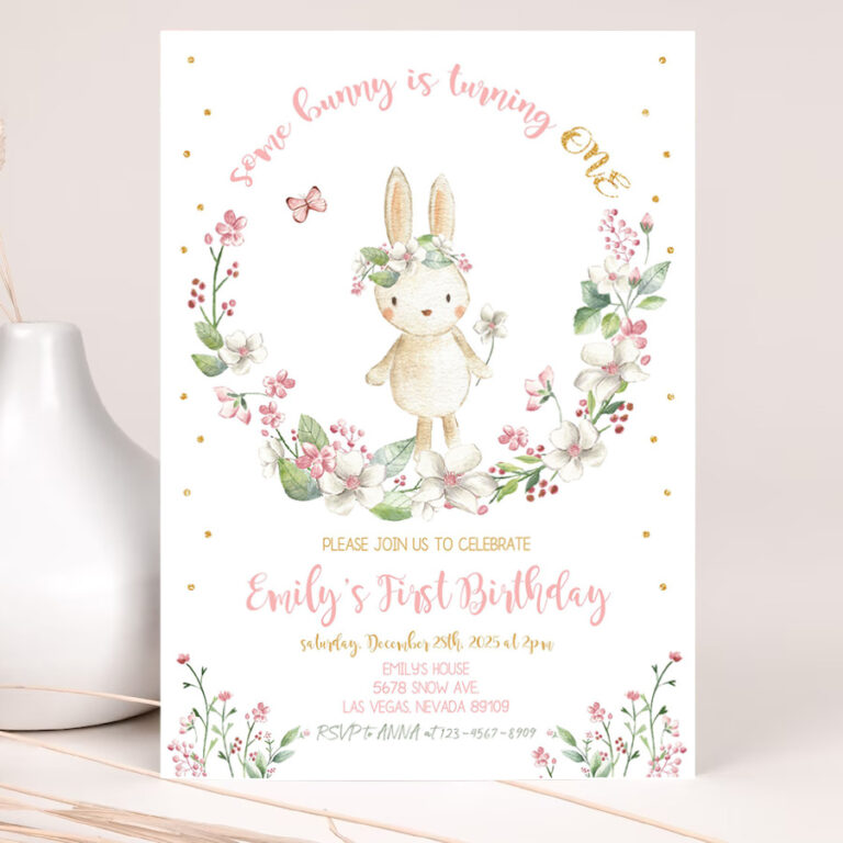 some bunny birthday invitation party invites girl first 1st little rabbit rainbow pink gold floral spring editable digital template 2