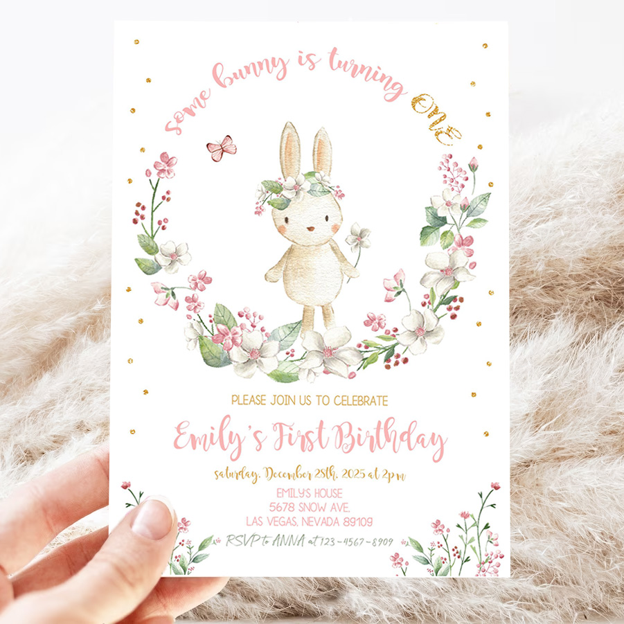 some bunny birthday invitation party invites girl first 1st little rabbit rainbow pink gold floral spring editable digital template 3