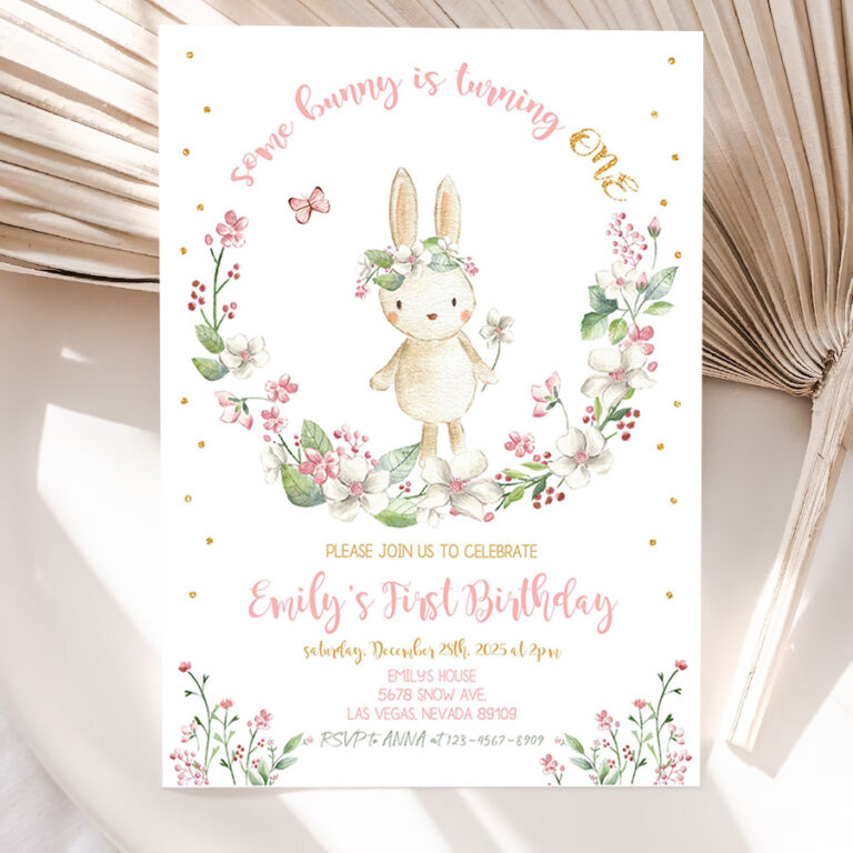 some bunny birthday invitation party invites girl first 1st little rabbit rainbow pink gold floral spring editable digital template 5