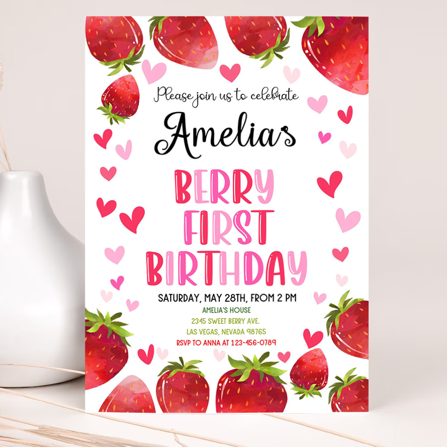 strawberry birthday invitation party invites berry sweet girl two first 1st summer fruit cute red citrus printable template 2