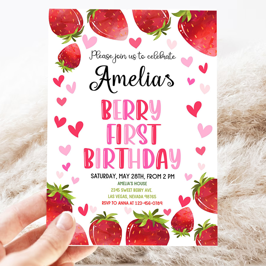 strawberry birthday invitation party invites berry sweet girl two first 1st summer fruit cute red citrus printable template 3