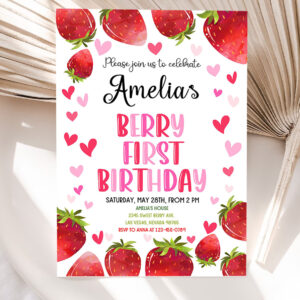 strawberry birthday invitation party invites berry sweet girl two first 1st summer fruit cute red citrus printable template 5