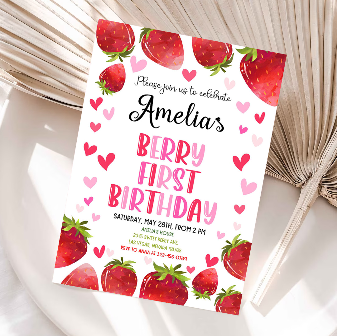 Strawberry Birthday Invitation Party Invites Berry Sweet Girl Two First 1st Summer Fruit Cute Red Citrus Printable Template Custom Invitation Template