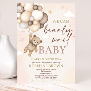 teddy bear baby shower invitation we can bearly wait brown ivory beige balloons boho baby shower invites boy girl editable template 2