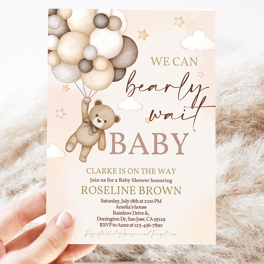 teddy bear baby shower invitation we can bearly wait brown ivory beige balloons boho baby shower invites boy girl editable template 3