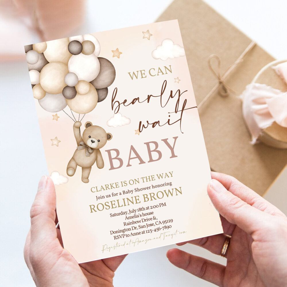 teddy bear baby shower invitation we can bearly wait brown ivory beige balloons boho baby shower invites boy girl editable template 7