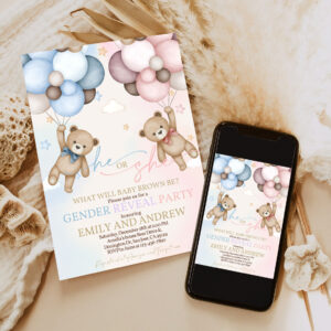 teddy bear gender reveal invitation gender neutral invites boho beige pampas grass hot air balloons we can bearly wait 1