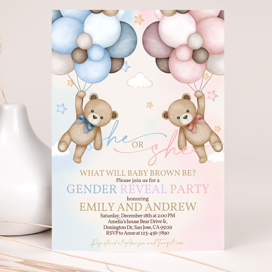 teddy bear gender reveal invitation gender neutral invites boho beige pampas grass hot air balloons we can bearly wait 2