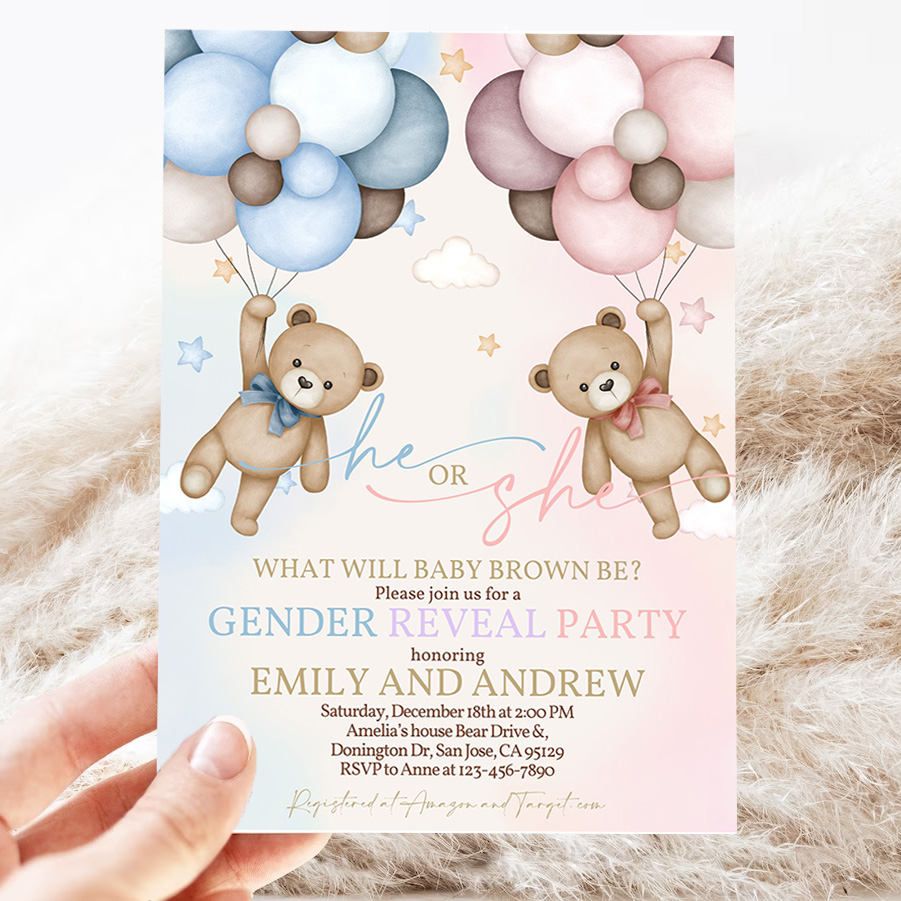 teddy bear gender reveal invitation gender neutral invites boho beige pampas grass hot air balloons we can bearly wait 3