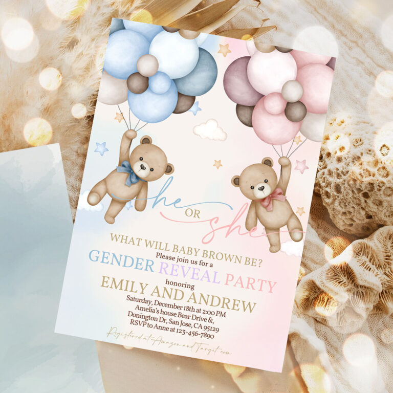 teddy bear gender reveal invitation gender neutral invites boho beige pampas grass hot air balloons we can bearly wait 5