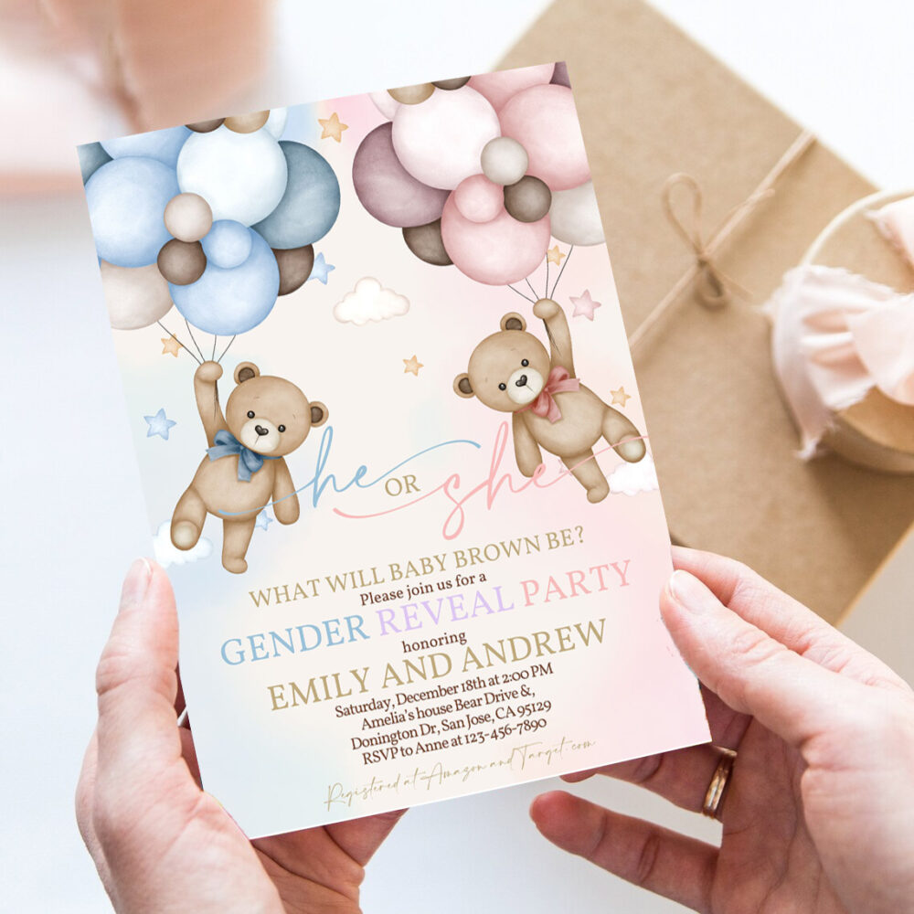 teddy bear gender reveal invitation gender neutral invites boho beige pampas grass hot air balloons we can bearly wait 7