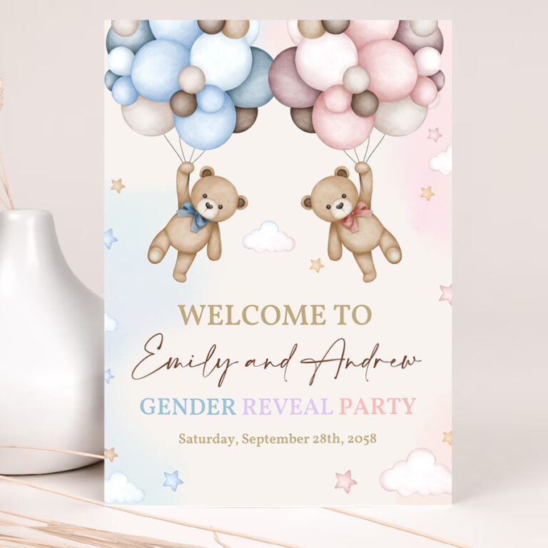 teddy bear gender reveal welcome sign pink and blue bear baby shower poster he or she yard sign neutral party porch door sign 2