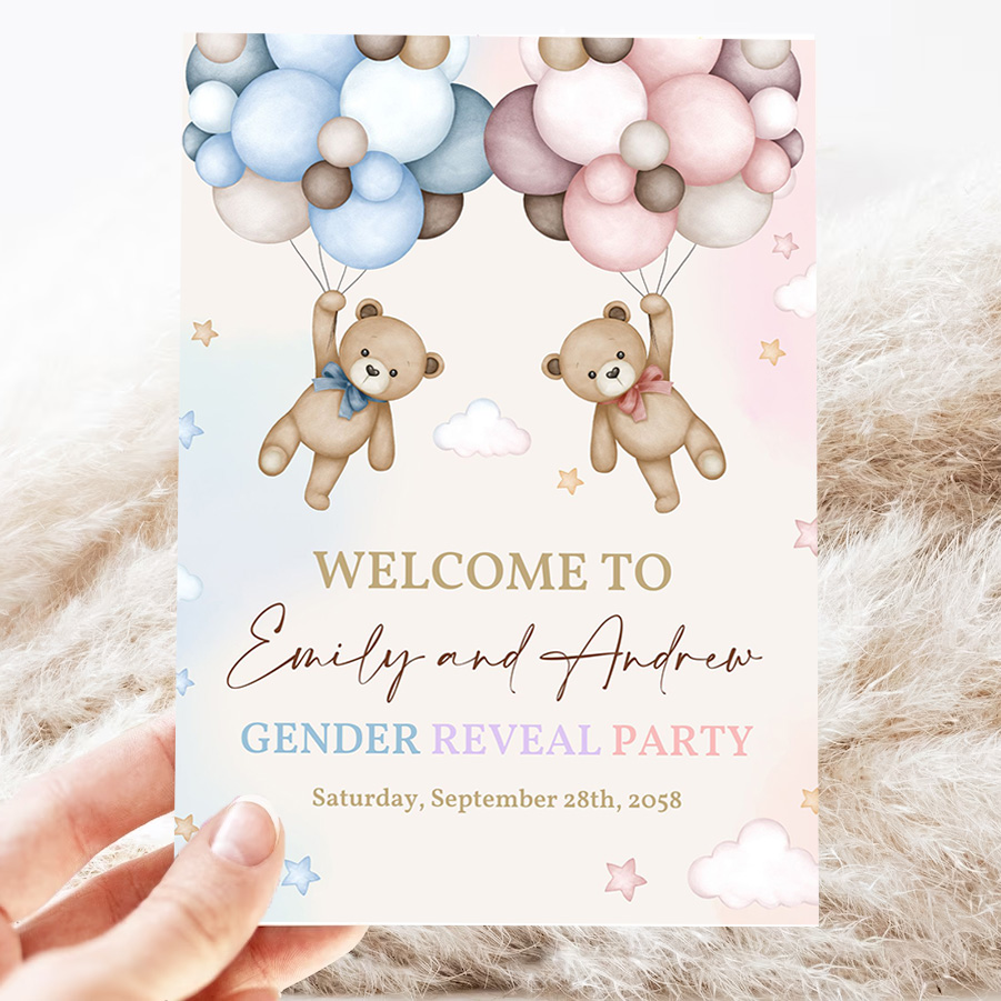 teddy bear gender reveal welcome sign pink and blue bear baby shower poster he or she yard sign neutral party porch door sign 3