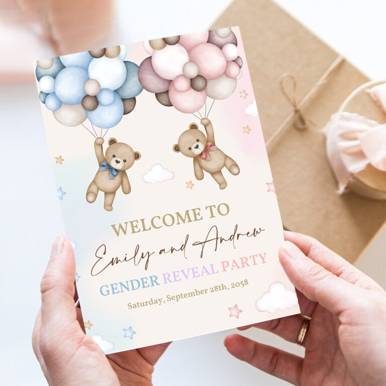 teddy bear gender reveal welcome sign pink and blue bear baby shower poster he or she yard sign neutral party porch door sign 7