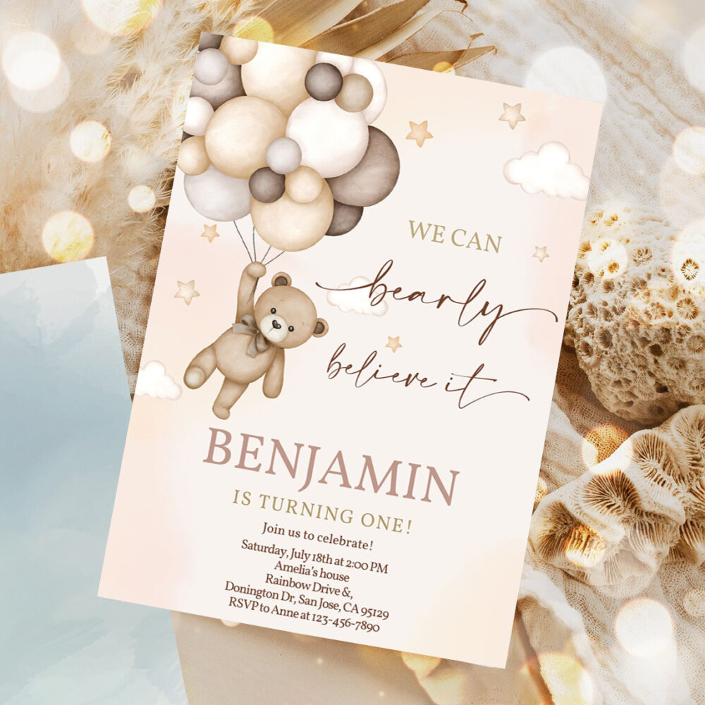 teddy bear invitation 1st birthday party invites boy kids any age boho fall we can bearly believe beige balloons editable template 1