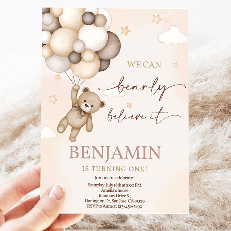 teddy bear invitation 1st birthday party invites boy kids any age boho fall we can bearly believe beige balloons editable template 3