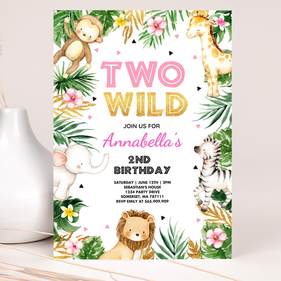 two wild birthday party invitation pink gold jungle safari animals invitation two wild 2nd birthday party 2