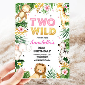 two wild birthday party invitation pink gold jungle safari animals invitation two wild 2nd birthday party 3