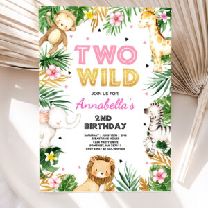 two wild birthday party invitation pink gold jungle safari animals invitation two wild 2nd birthday party 5