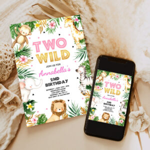 two wild birthday party invitation pink gold jungle safari animals invitation two wild 2nd birthday party 6