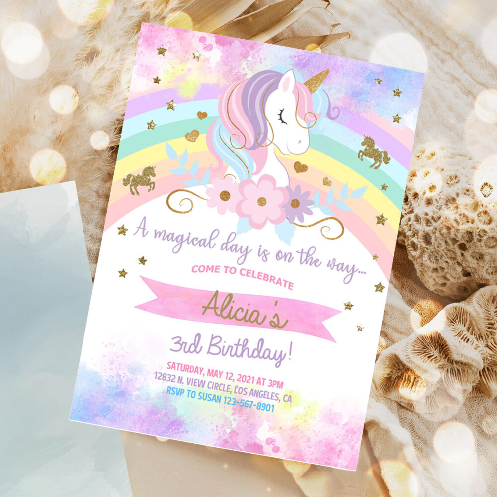 unicorn and rainbow birthday invitation girl birthday party invite digital printable corjl editable rainbow unicorn flowers gold glitter 1