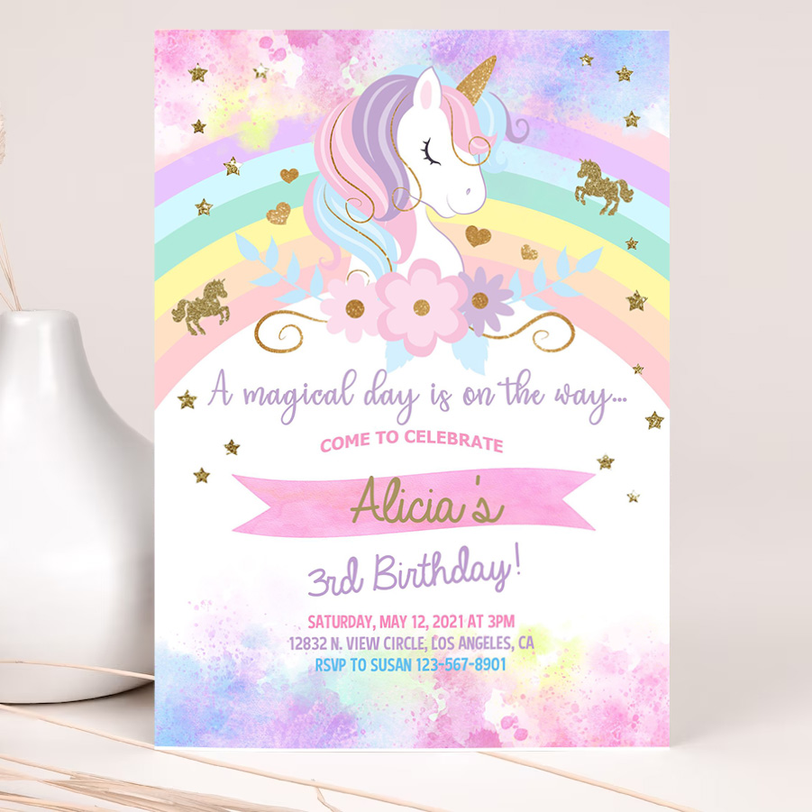 unicorn and rainbow birthday invitation girl birthday party invite digital printable corjl editable rainbow unicorn flowers gold glitter 2