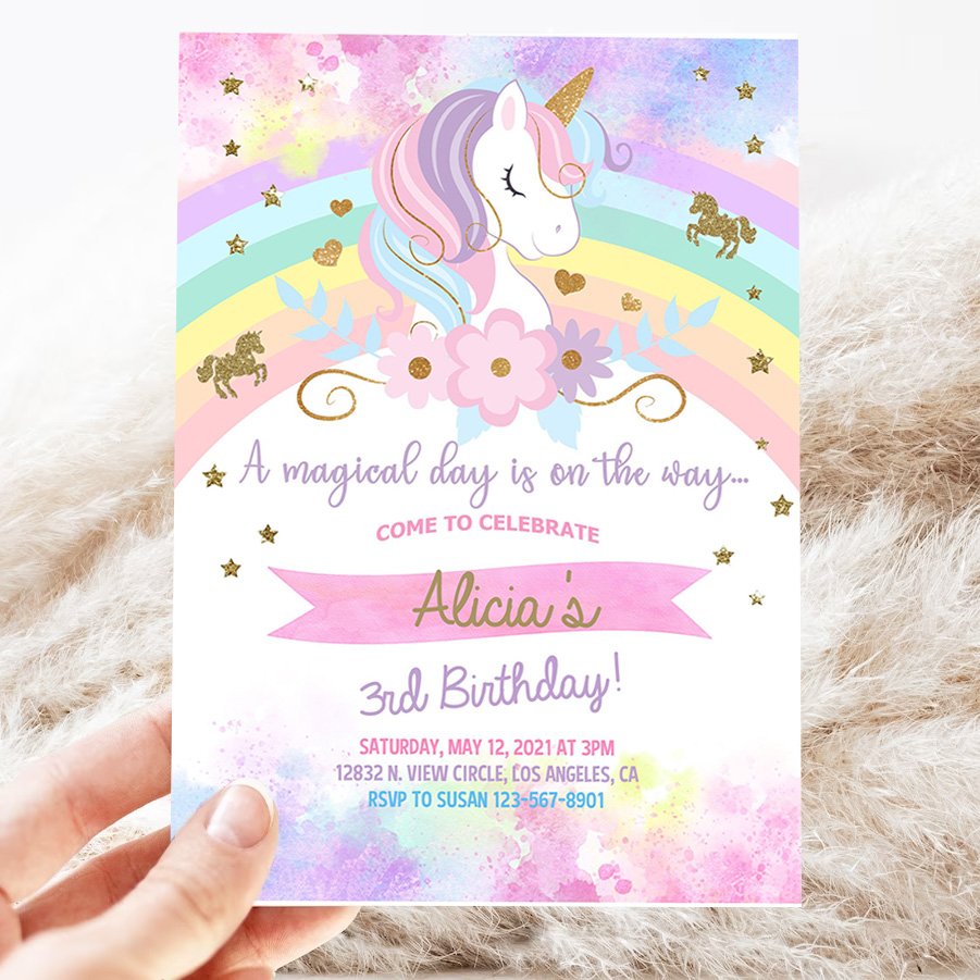 unicorn and rainbow birthday invitation girl birthday party invite digital printable corjl editable rainbow unicorn flowers gold glitter 3