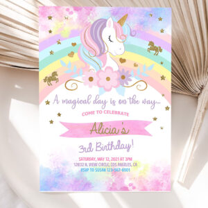 unicorn and rainbow birthday invitation girl birthday party invite digital printable corjl editable rainbow unicorn flowers gold glitter 5