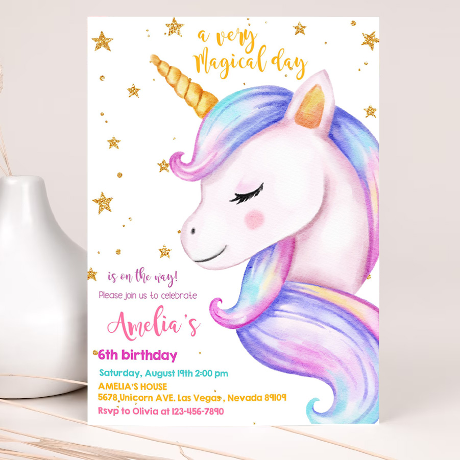 unicorn birthday invitation rainbow party gold glitter pink girl magical day invites editable printable template 2