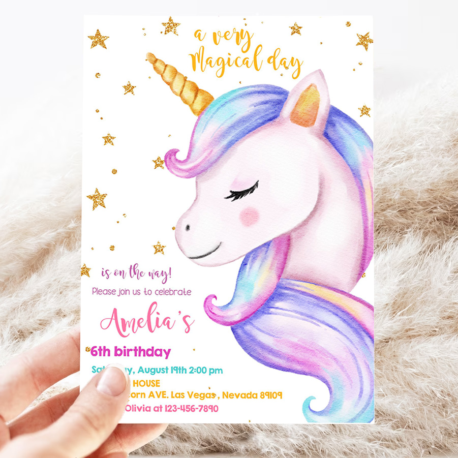 unicorn birthday invitation rainbow party gold glitter pink girl magical day invites editable printable template 3