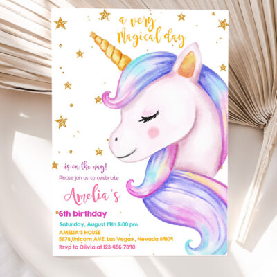 unicorn birthday invitation rainbow party gold glitter pink girl magical day invites editable printable template 5