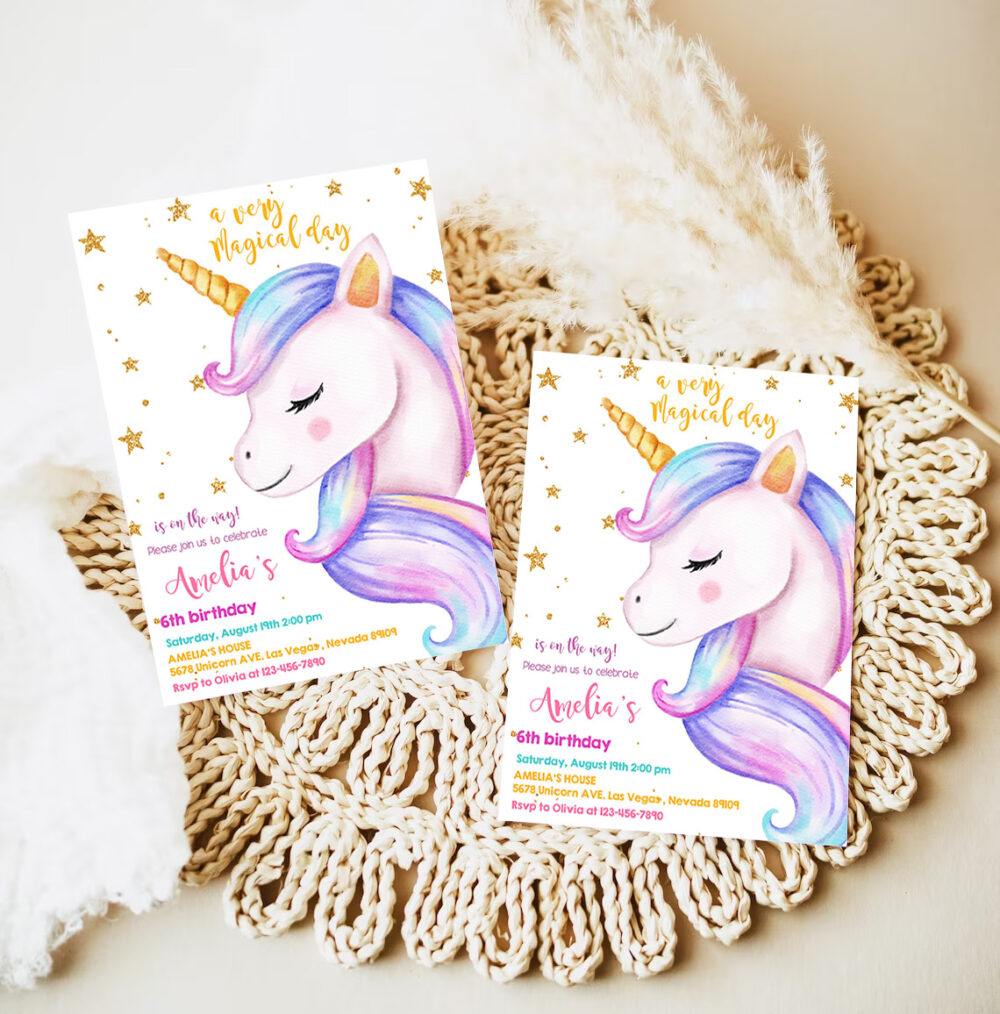 unicorn birthday invitation rainbow party gold glitter pink girl magical day invites editable printable template 7