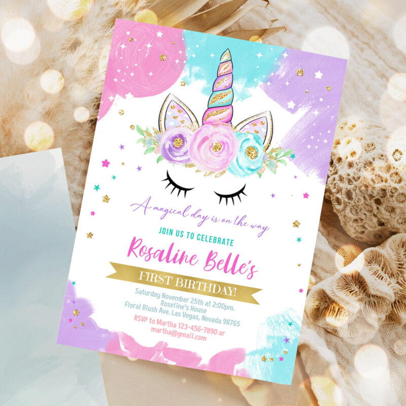 unicorn invitation editable unicorn party unicorn birthday invitations magical unicorn invite girl gold template 1