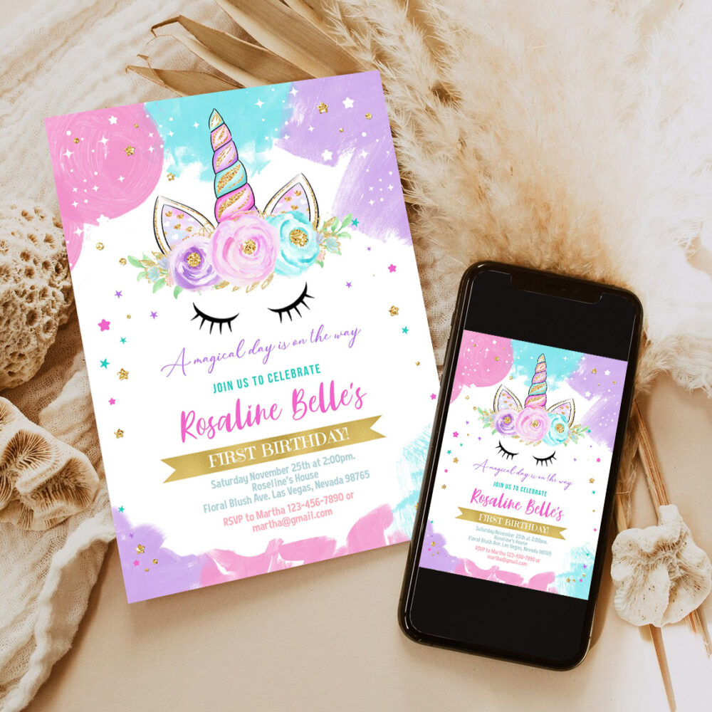 unicorn invitation editable unicorn party unicorn birthday invitations magical unicorn invite girl gold template 6