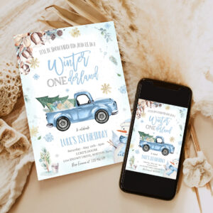 winter onederland invitation winter truck 1st birthday invitation rustic blue truck winter onederland party 6