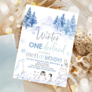 winter onederland invitation wonderland first 1st birthday party invites boy girl polar bear arctic animals woodland forest 1