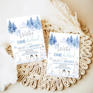 winter onederland invitation wonderland first 1st birthday party invites boy girl polar bear arctic animals woodland forest 7