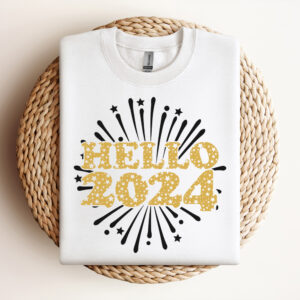 Hello 2024 SVG New Year Eve Fireworks T shirt BW with Gold Design SVG PNG Files 3