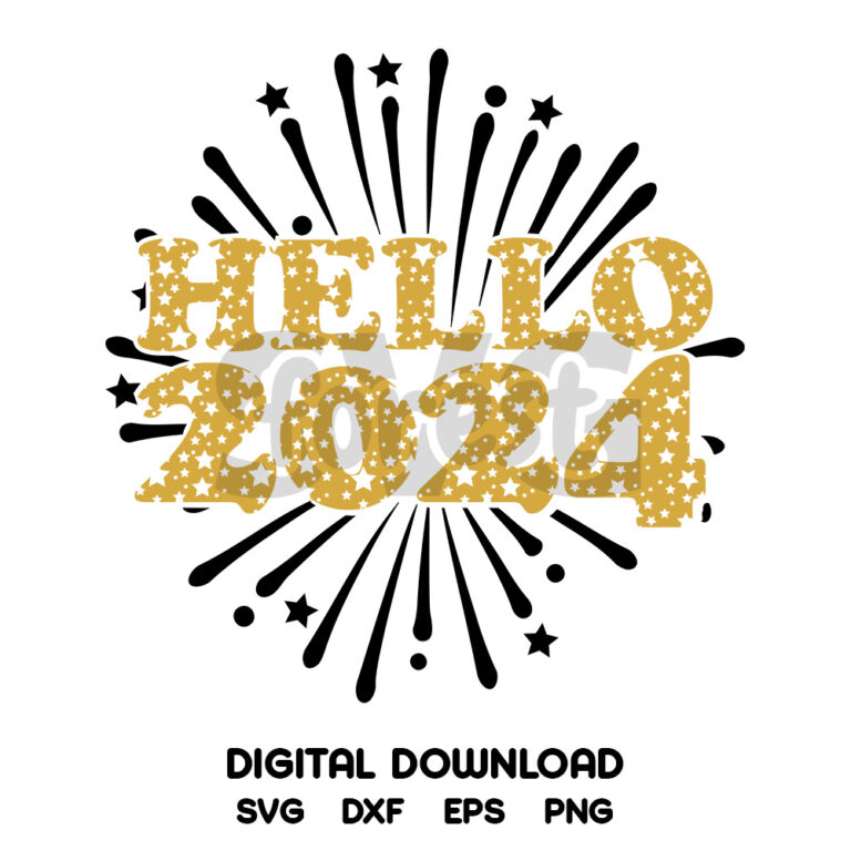 Hello 2024 SVG, New Year Eve Fireworks Tshirt B&W with Gold Design SVG