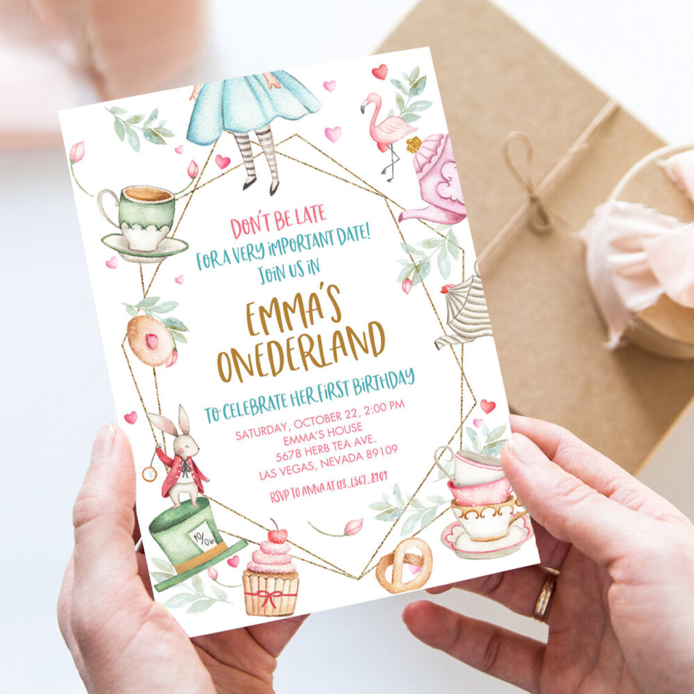 alice in wonderland invitation party onederland girl first 1st birthday invite mad hatter tea editable template