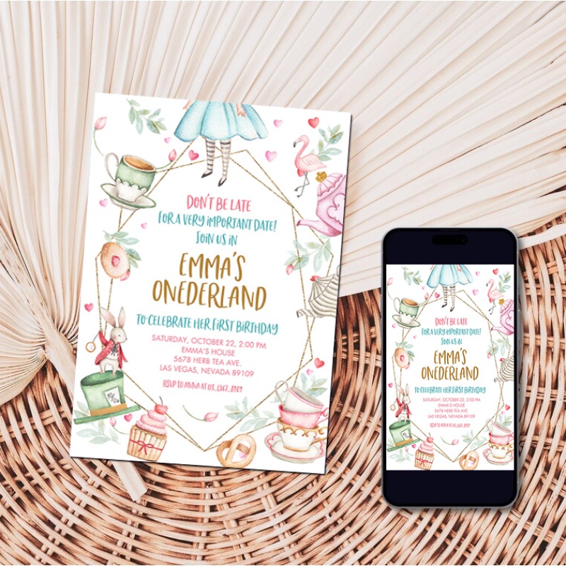 Alice in Wonderland Birthday Party Invitation - Canva Template