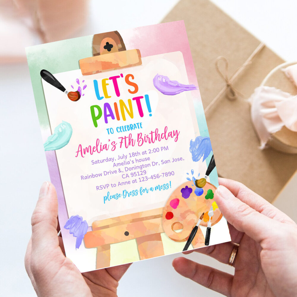 art birthday invitation party paint invites colorful painting theme artist brushes rainbow easel watercolor