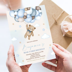 bear birthday invitation beary first birthday party invites boho boy 1st teddy bear cute blue pampas grass balloons editable template