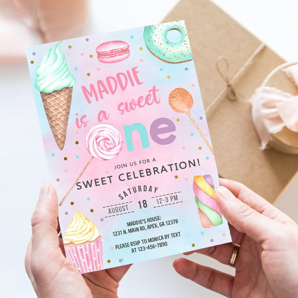 candy shes a sweet one 1st birthday invitation girl birthday invite candy sweets donut ice cream invite