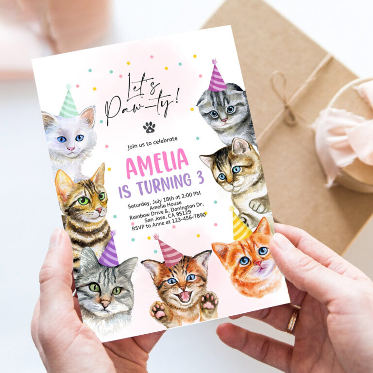 cat invitation cat birthday invite kitty cat birthday party animal lets pawty are you kitten me right meow editable digital template
