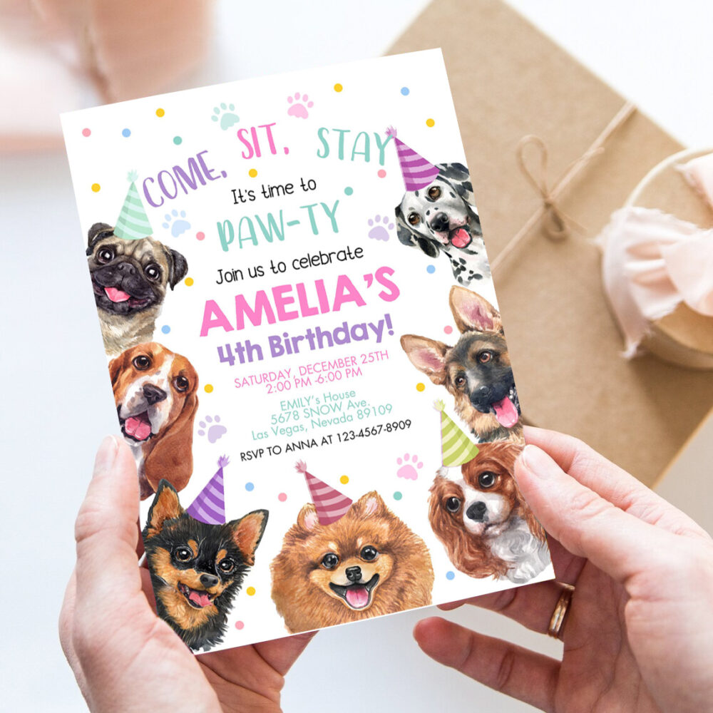 dog invitation birthday party invites puppy pawty boy girl first come sit stay pet theme editable digital template