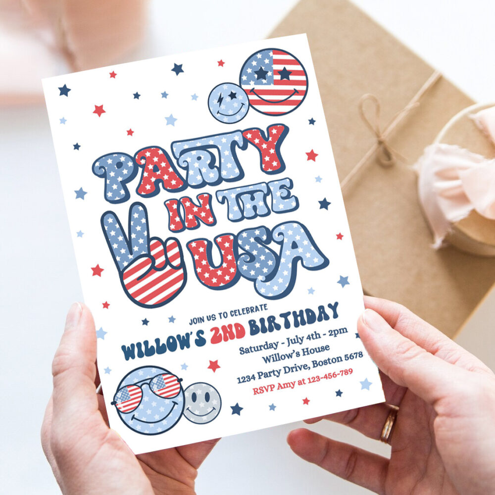 editable 4th of july birthday party invitation retro groovy party in the usa invite red white and groovy birthday party
