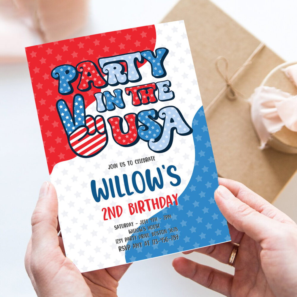 editable 4th of july birthday party invitation retro groovy party in the usa invite red white and groovy birthday party invitation
