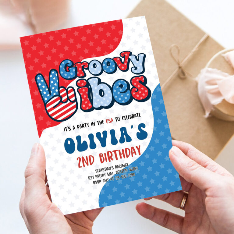 editable 4th of july birthday party invitation retro groovy vibes birthday party red white and groovy birthday party